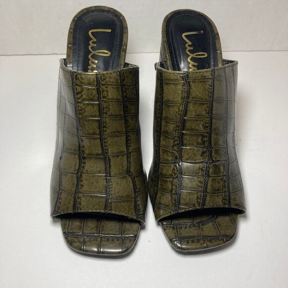 Lulus Croc Pattern Peep Toe Block Heel Mules Womens 7.5 Olive Green Faux Leather - Picture 5 of 10